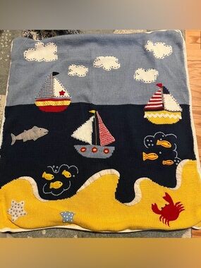 ArtwalkNautical Knit Blanket with Boats and Sea Creatures - Blue/Yellow